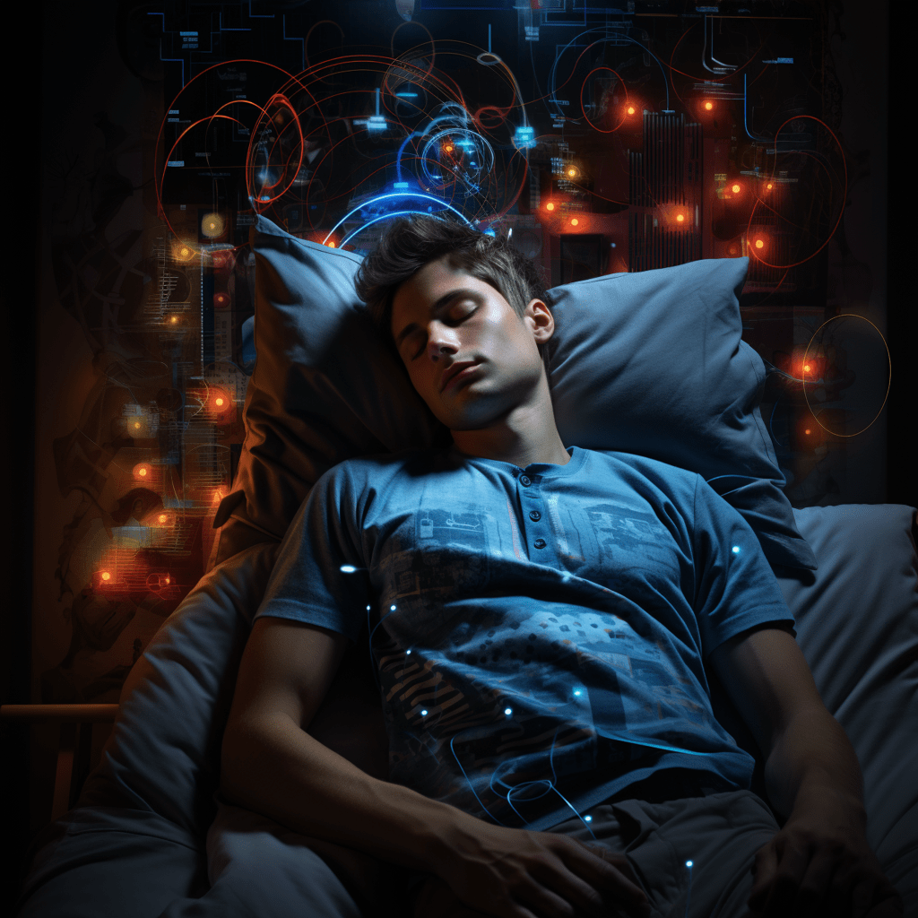 A man sleeping in bed with tracking symbols and data in the background.