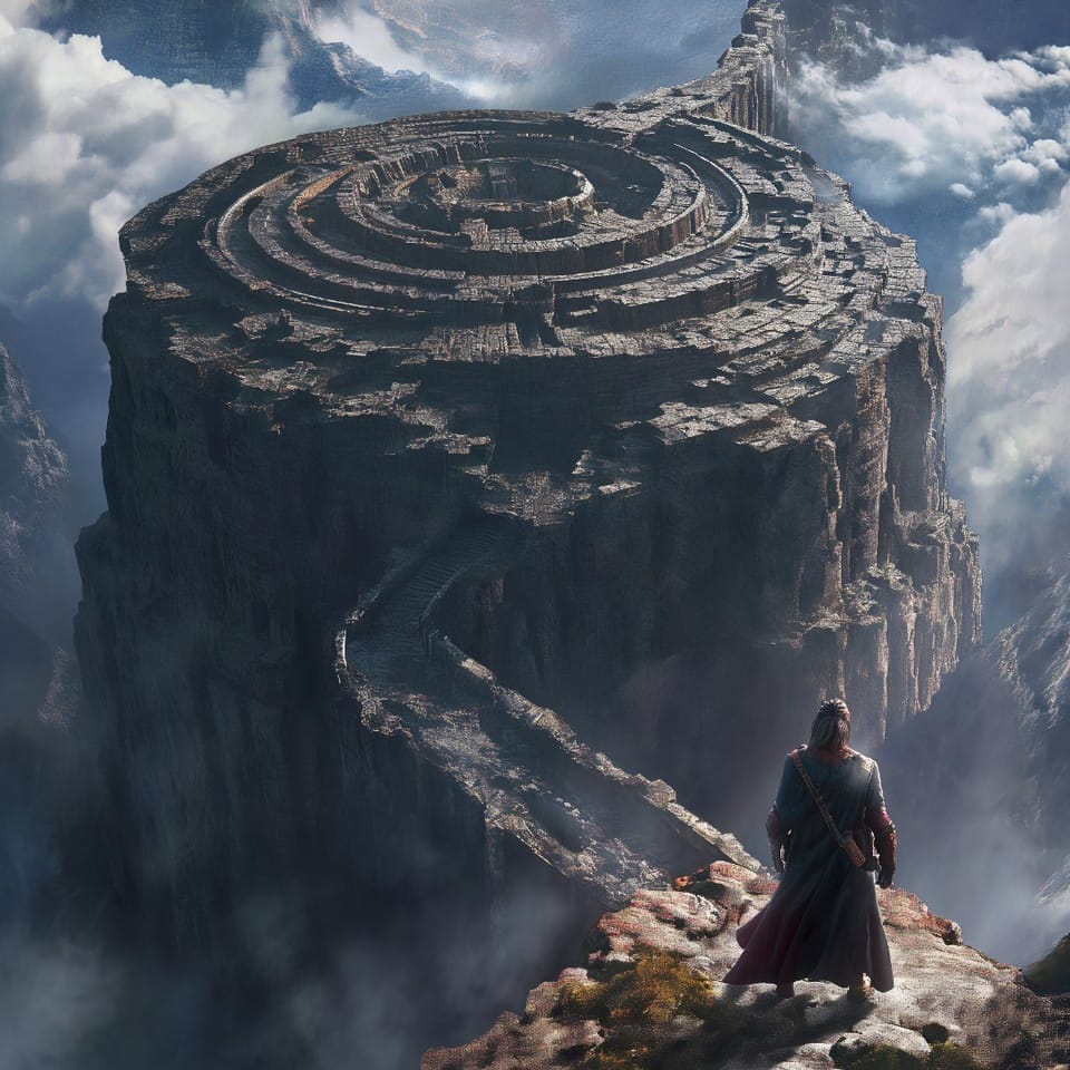 A warrior on a mountain top looking at a stone labyrinth before him.