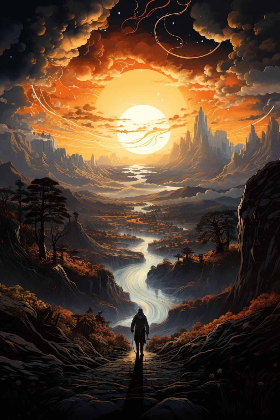 A warrior walking down a path toward a swirlling way through a large landscape toward his future.